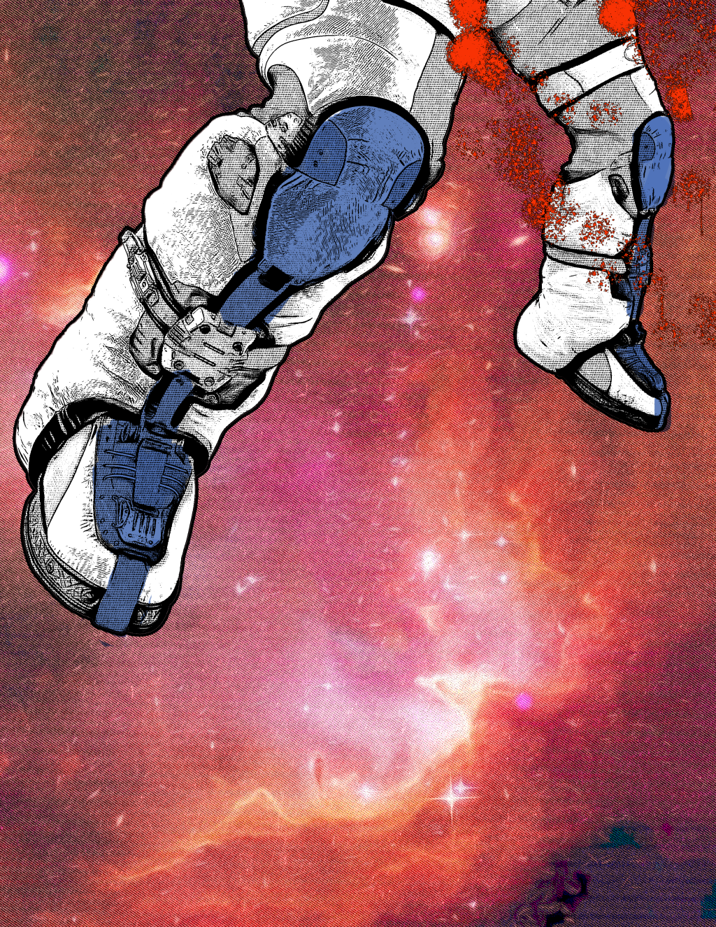 An illustration of astronaut legs and red spray floating in front of a red-pink nebula.
