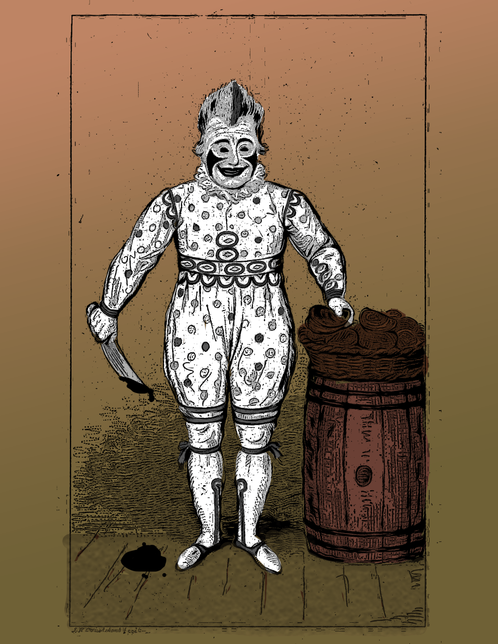 An illustration of an antique, black-and-white clown holding a knife dripping black liquid. He stands beside a barrel in front of a wall that is gold and green.