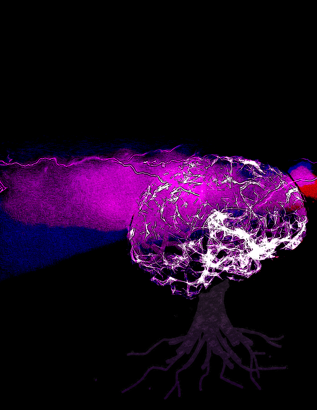 An illustration of a purple and white brain made of lightning with roots reaching down into the black earth. A dark sky of pink lightning is in the background.