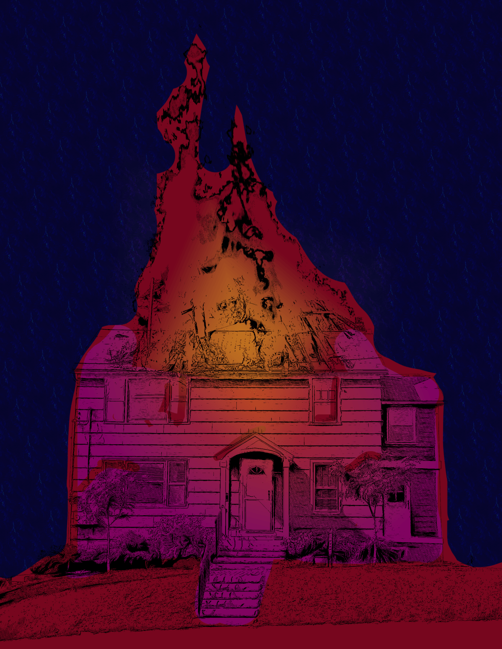 An illustration of a pink house burning at night.