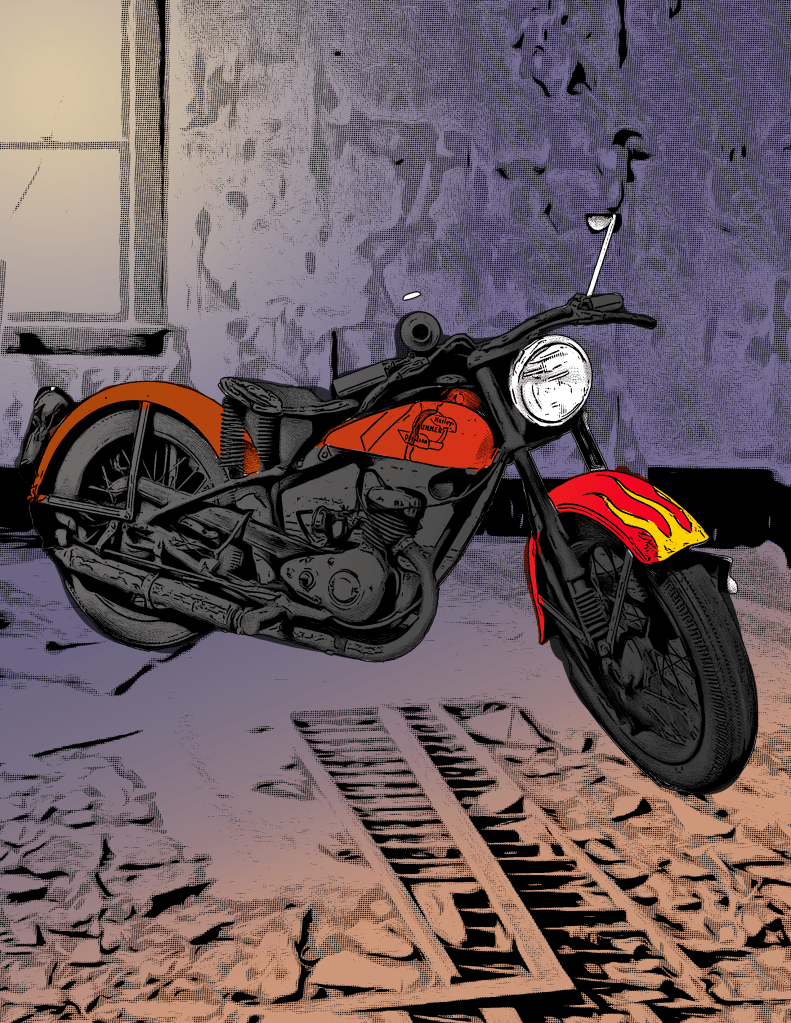 An illustration of a gray and red motorcycle with orange flames on the front fender. It stands in a purple and orange, dilapidated room.