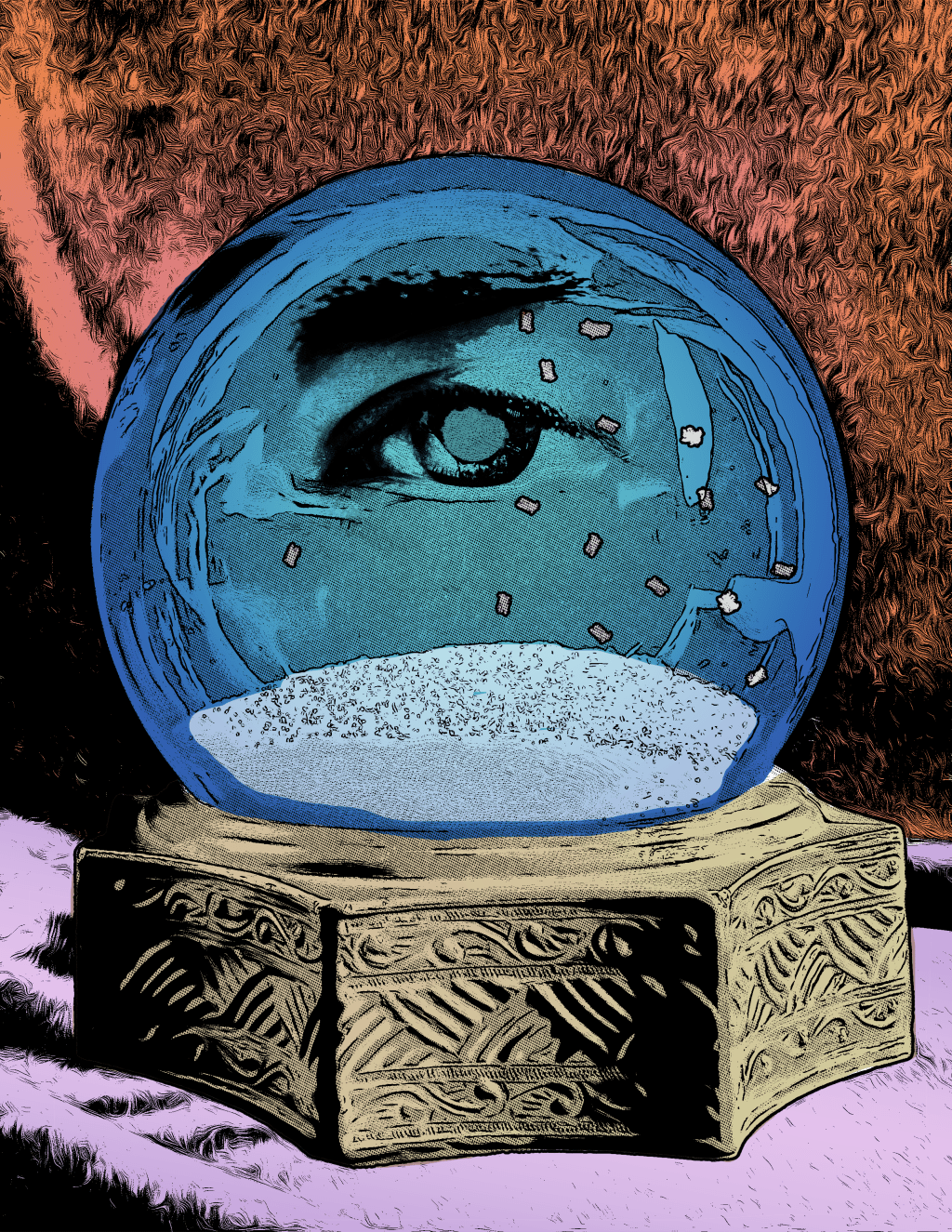 An illustration of a blue snow globe sitting on a bronze stand and purple plush blanket in front of an orange drape. Inside the snow globe is a disembodied eye and swirling snowflakes.